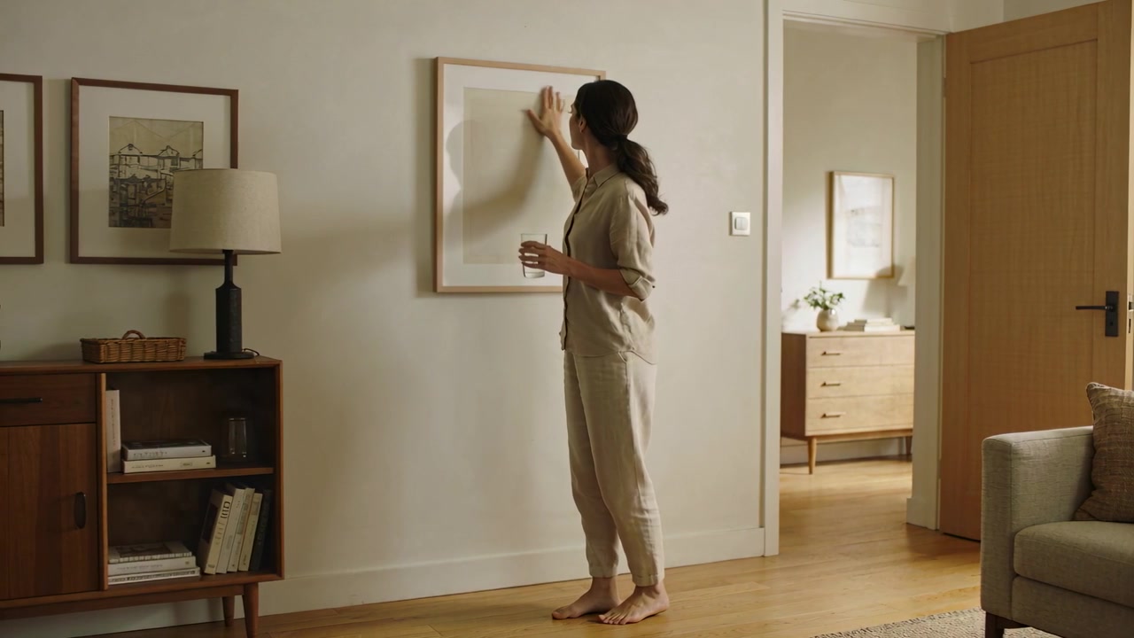 Straightening woman in beige set adjusting framed art in living room, spotting crooked, holding cup