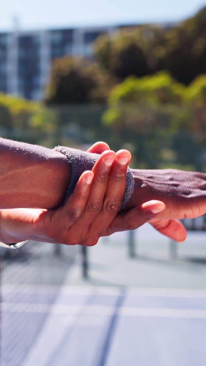 Close-up of Hand Adjusting Wristband on Tennis Court