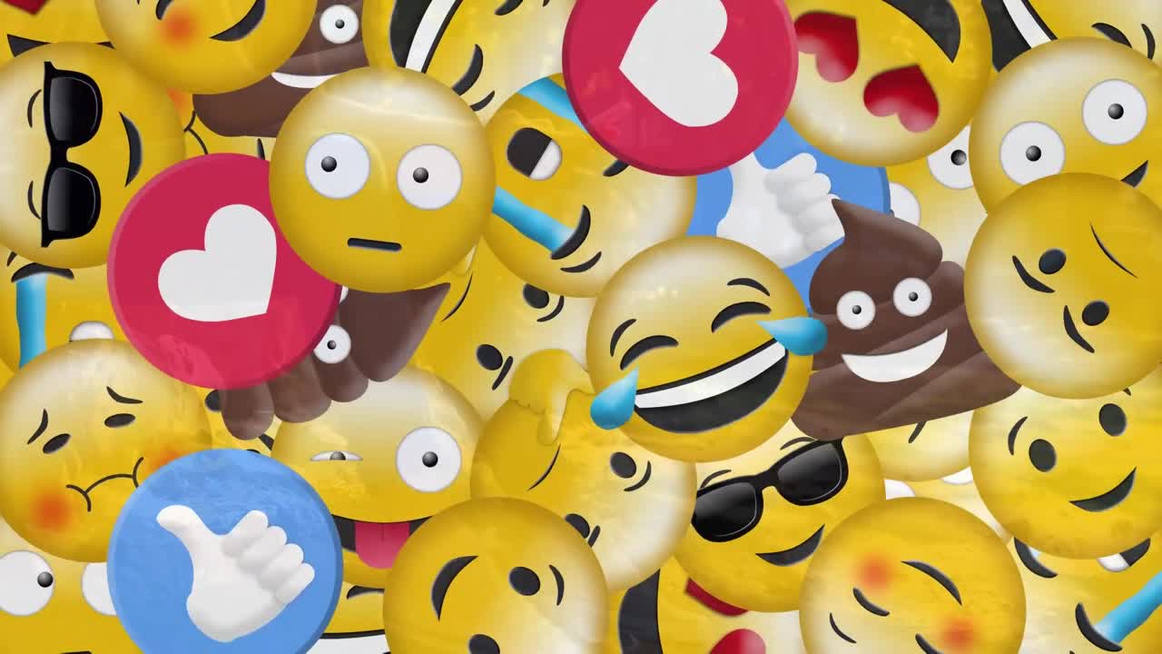 animación de emojis que caen sobre una mujer usando un teléfono inteligente