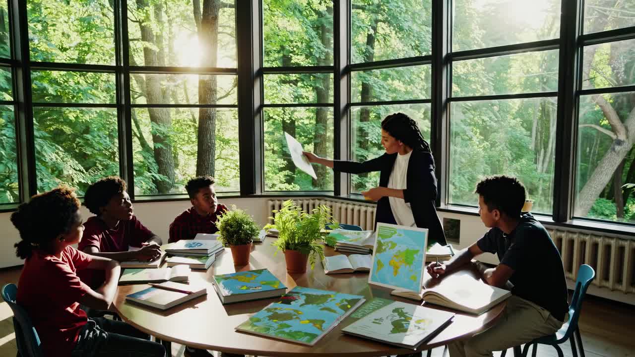 A wide-angle video shot of a teacher presenting maps to students in a sunlit classroom surrounded