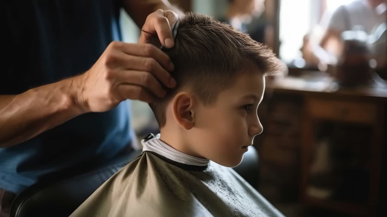 Nærbillede af en ung dreng, der bliver klippet i en barbersalon, der viser en rolig atmosfære