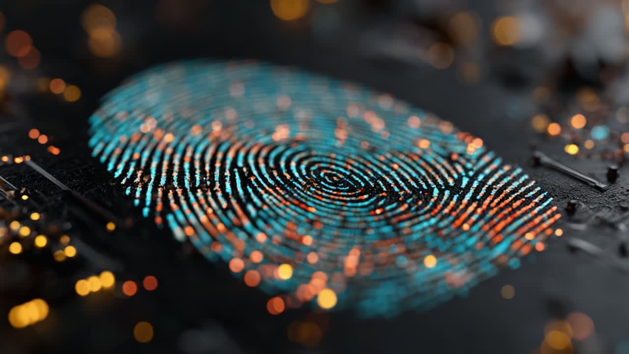 Exploring the Intricate Patterns of a Fingerprint Against a Backdrop of Digital Lights and Textures, Highlighting the Fusion of Biology and Technology