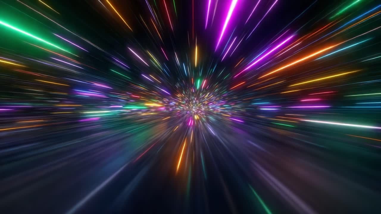 Un'esplosione dinamica di luci colorate e scie vibranti che cattura l'essenza del movimento e dell'energia in un'accattivante esibizione visiva