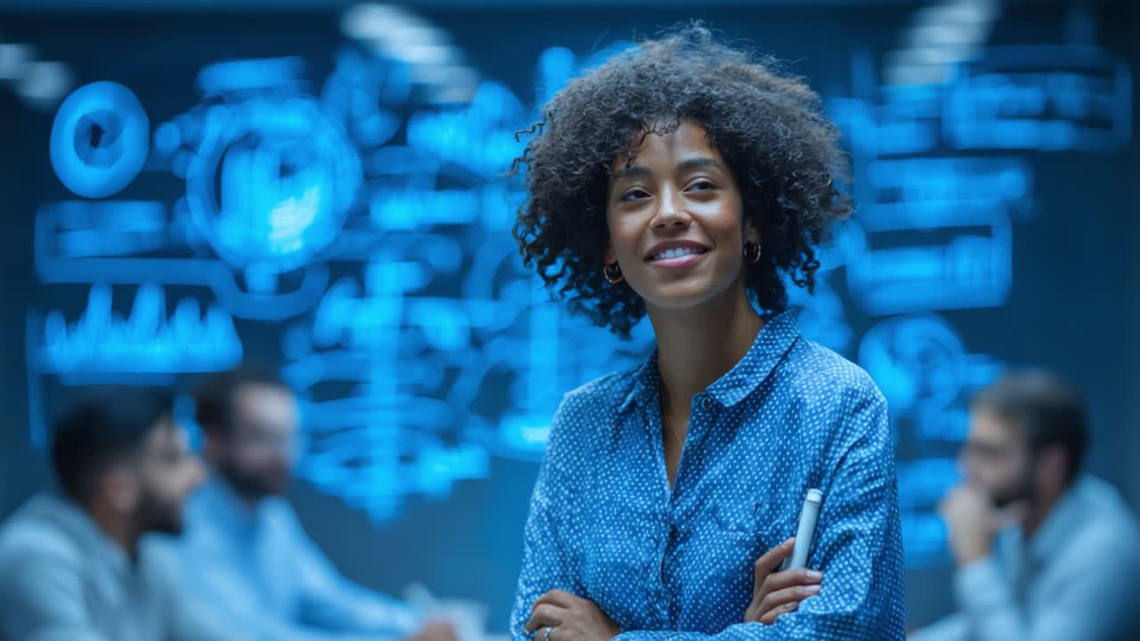 A Confident Professional Envisioning Success: A Dynamic Woman in Front of Innovative Visuals, Representing Leadership and Collaboration in a Modern Work Environment