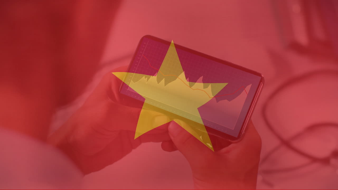 스마트폰을 사용하는 백인 사업가 위에 베트남 발의 애니메이션