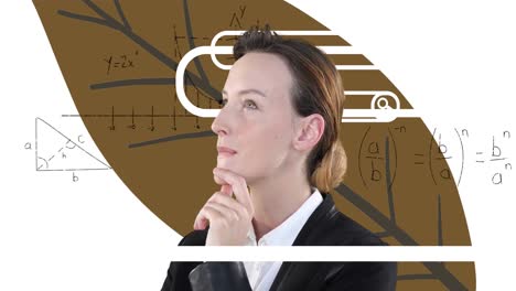 animation of caucasian businesswoman thinking on white background with graffiti and math symbols