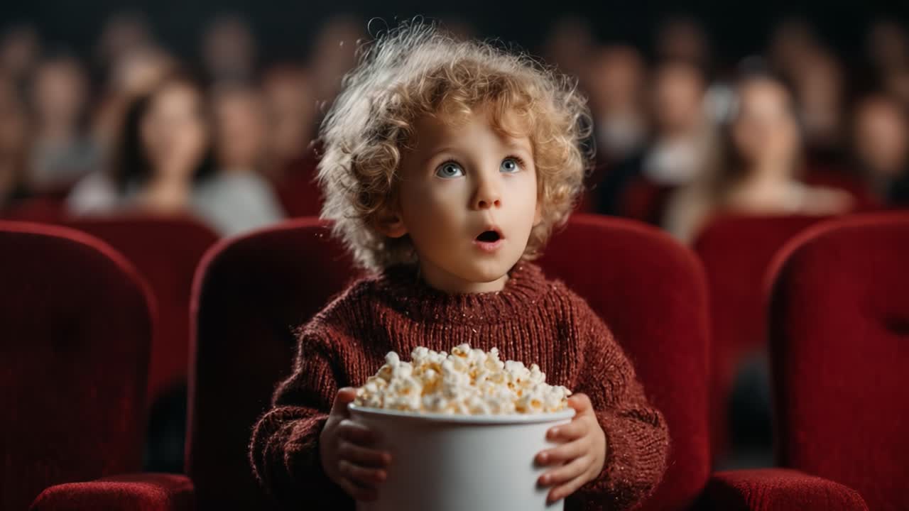 Et lille barn nyder biografen: Betaget af en film, mens han holder en skål popcorn, fordybet i en verden fuld af spænding og forundring