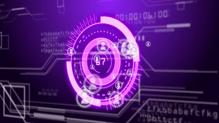 Animated circular elements and user icons on digital interface, purple background