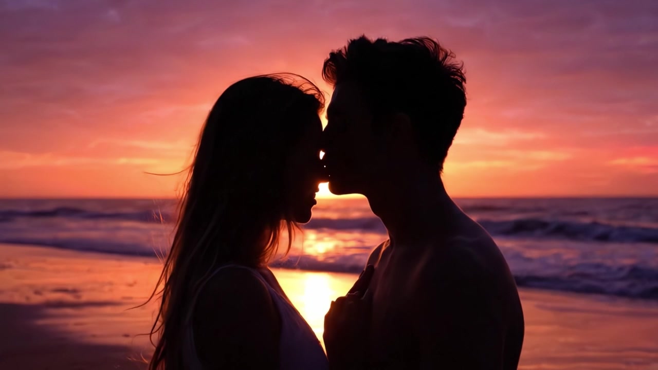 Un abbraccio romantico al tramonto: una coppia in silhouette contro un cielo colorato sulla spiaggia, che cattura l'essenza dell'amore e della connessione mentre il giorno si trasforma in notte.