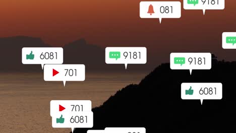 Animation-Von-Social-Media-Symbolen-über-Sonnenuntergang-Und-Meereslandschaft