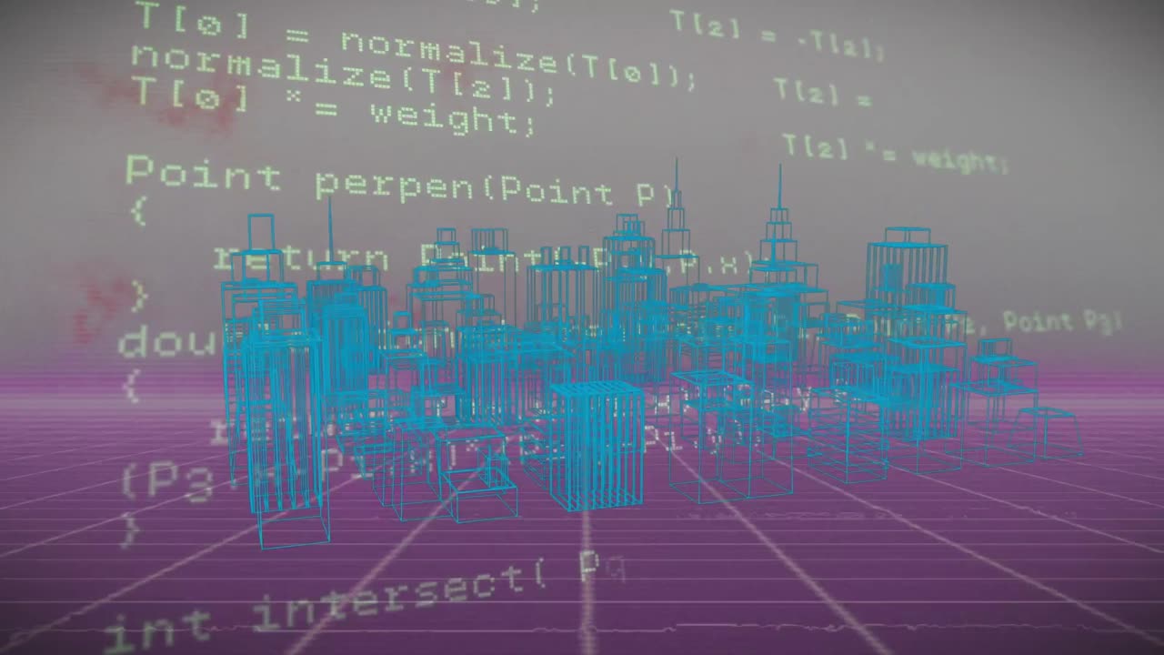 Animation of rotating metaverse city over data processing