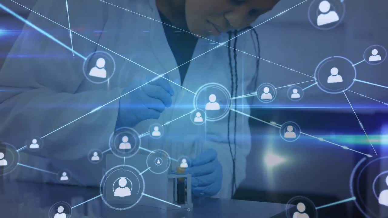 아프리카계 미국인 여성 실험실 직원 위의 아이콘과의 연결의 애니메이션