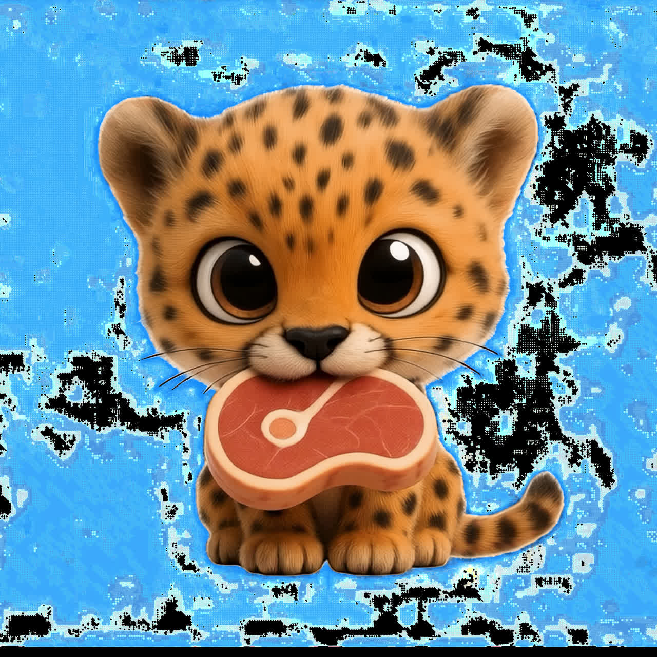 ステーキのアニメーションが付いたかわいいチーターの赤ちゃんの分離されたアセット、透明な4Kビデオ、アルファチャンネル、ProRes