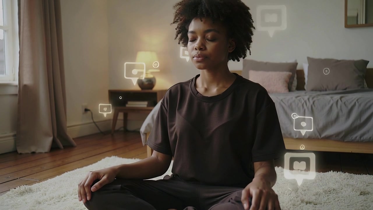 Young Woman Meditating at Home with Floating Social Media Icons