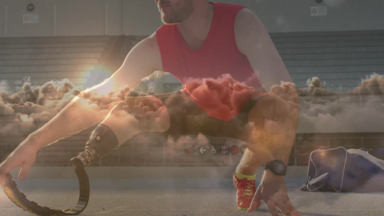 장애인 백인 남성 달리기 선수 위의 구름의 애니메이션