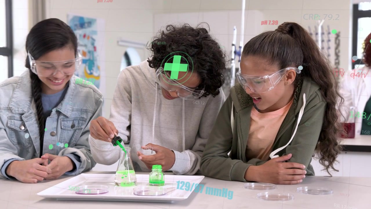 Students in lab, center student adding green drops to flask for experiment, overlay tracking change