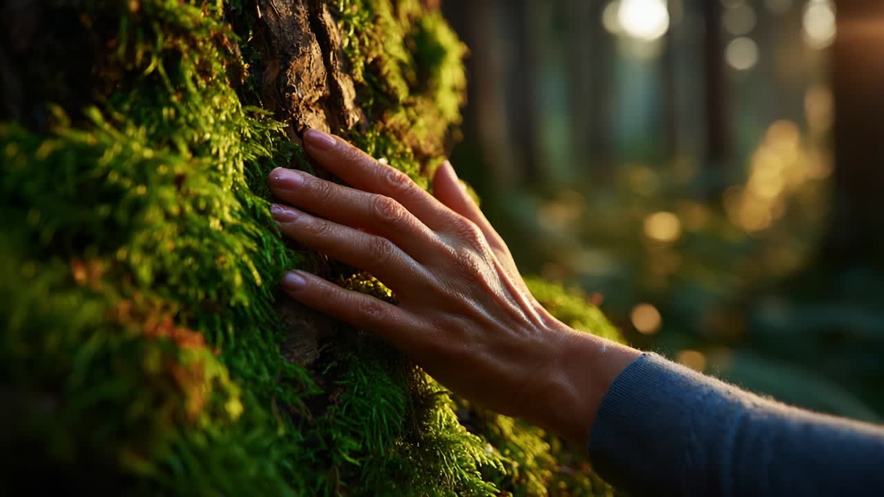 A Serene Connection with Nature: An Intimate Interaction of Human Touch with the Moss-Covered Bark of a Tree in a Calming Forest Setting Engulfed by Soft Sunlight and the Sounds of Wildlife