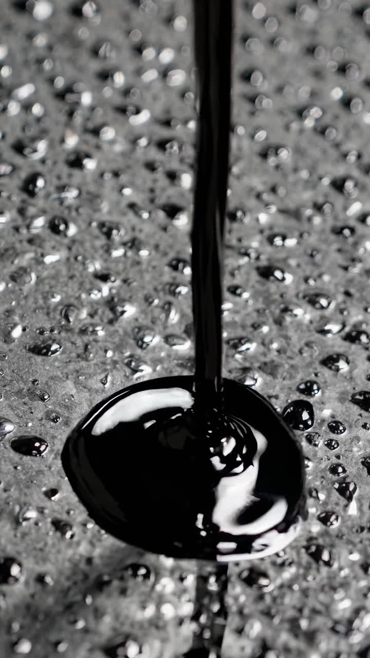 Close-up video shot of glossy black liquid pouring onto a textured surface with droplets