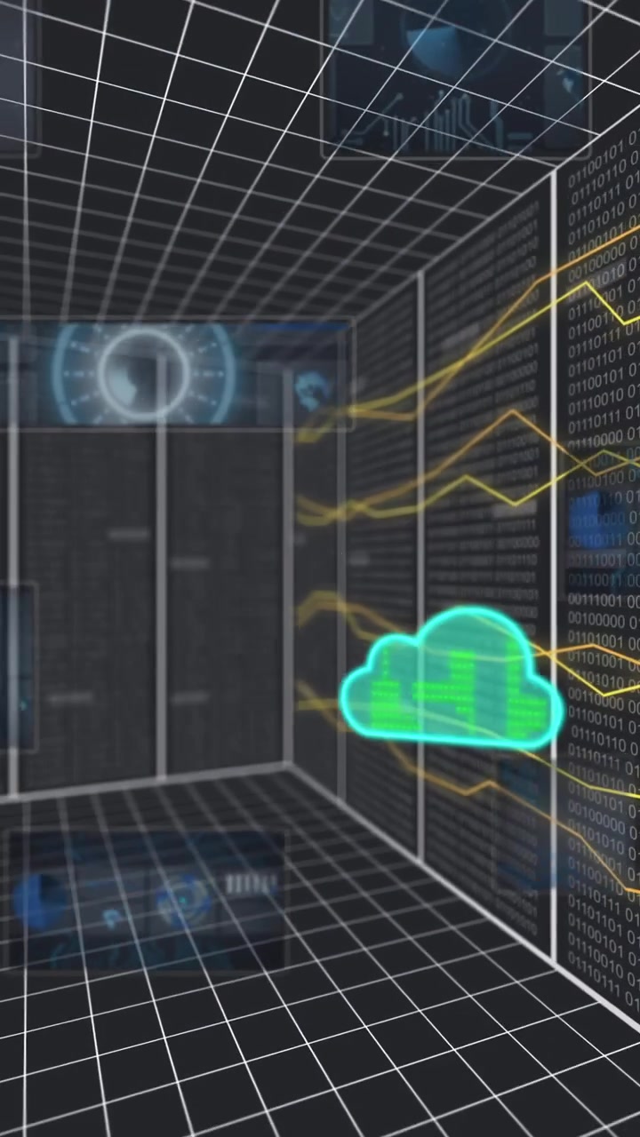 Animation of circles, clouds, lines moving, computer language, binary codes on model of server room