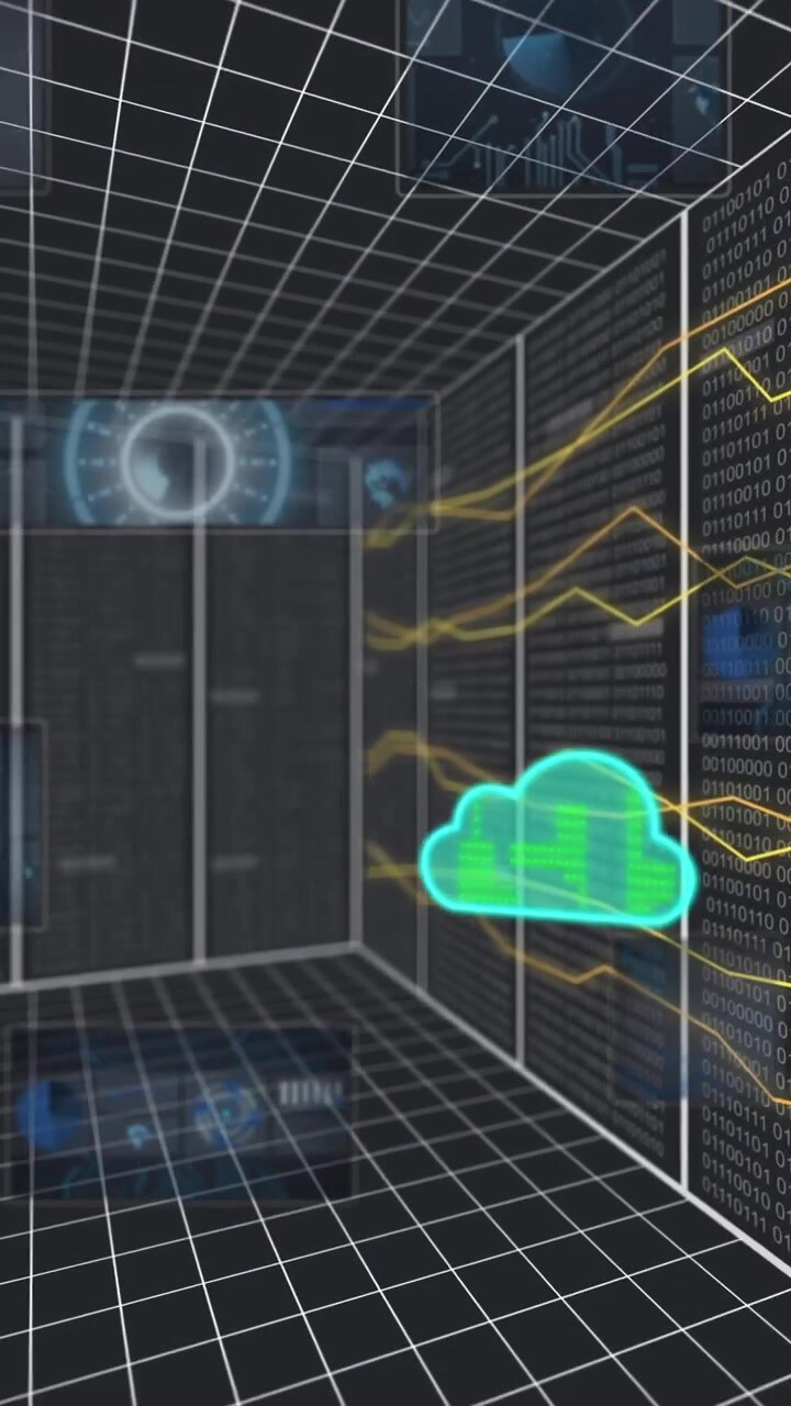 Animation of circles, clouds, lines moving, computer language, binary codes on model of server room