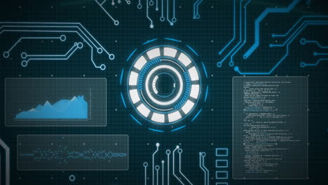 animation of data processing and scope scanning over black background