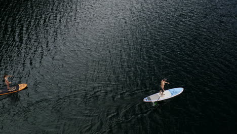 couple stand-up paddleboarding on a lake