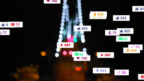 animación de iconos y números de redes sociales fuera de foco ciudad y semáforo