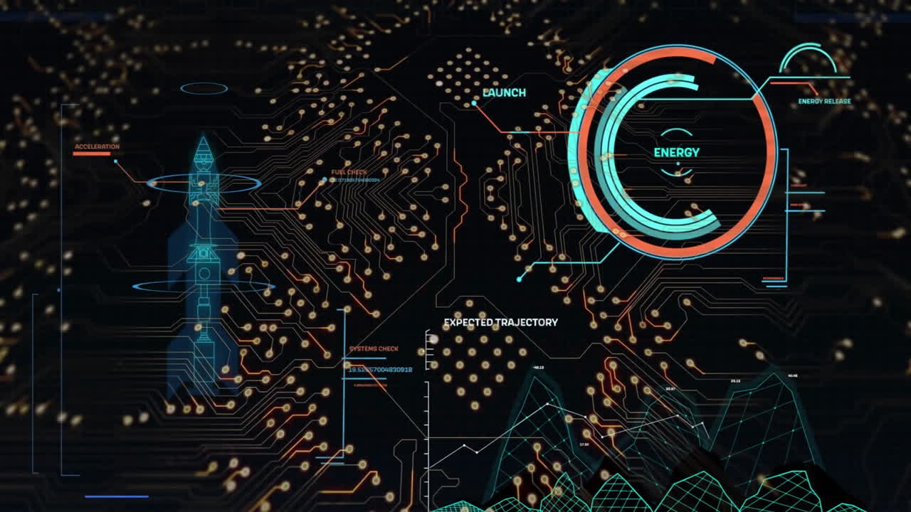 Animation of network of connections and rocket blue print over data processing
