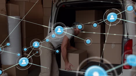 animation of network of connections with icons over caucasian male worker in warehouse