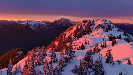 snow-covered mountain peaks with trees. dramatic pink sunset sky, winter season. canadian nature, aerial cinematic. british columbia, canada