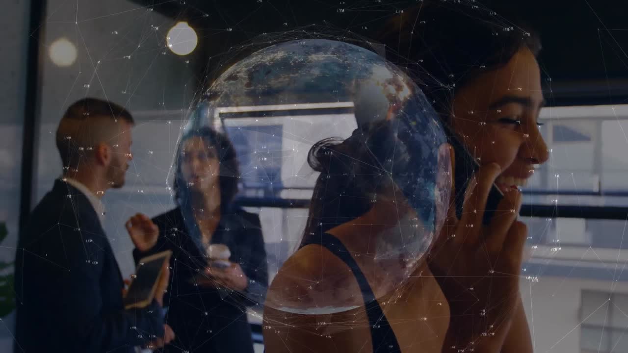 Animation of network of connection and globe over business people in the office
