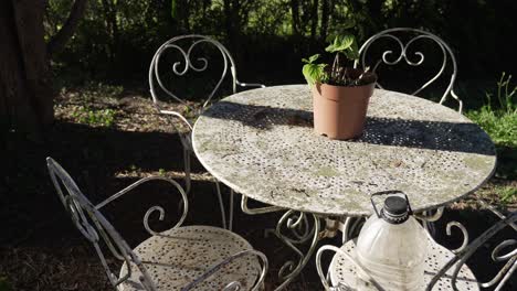 vintage garden furniture, dirty patina painted white, outdoor table and chairs