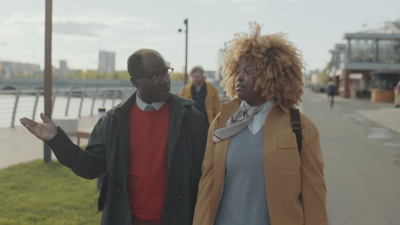 African American Colleagues Walking Outdoors and Chatting