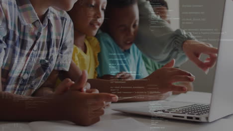 in school, children learning coding by programming animation on laptop