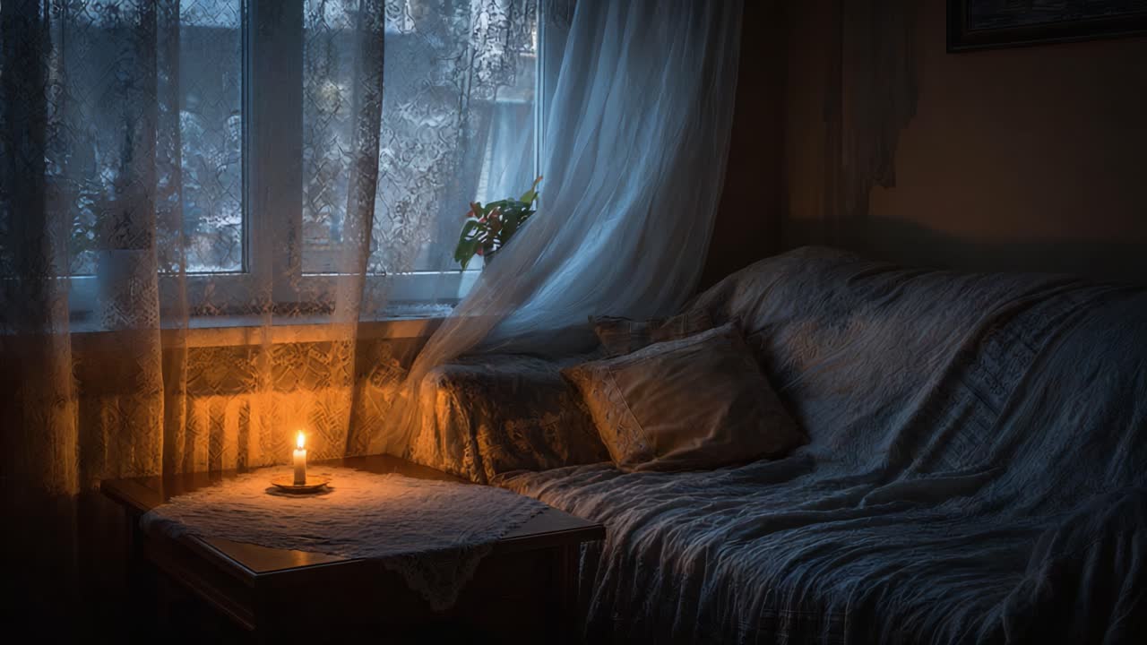 Una escena de salón serena que transiciona de la cálida luz de las velas a las frías sombras del atardecer y captura la tranquilidad de un espacio interior acogedor.