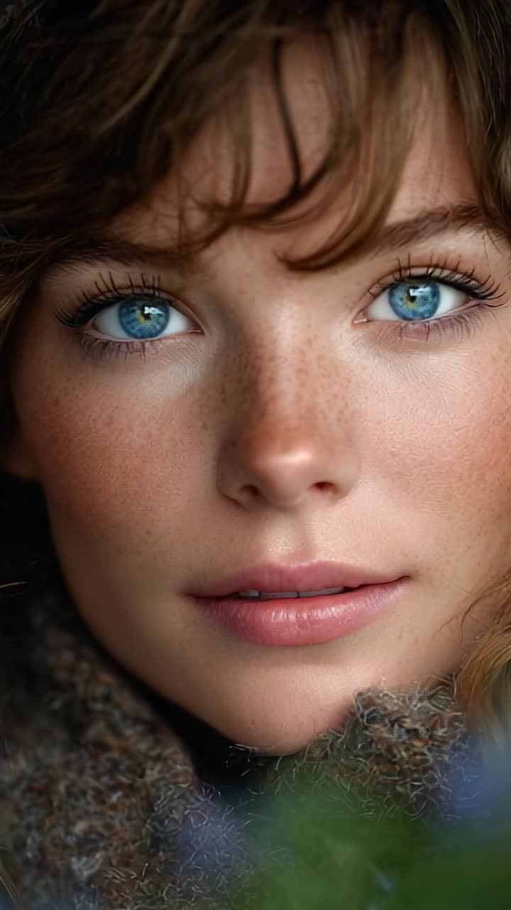 A Captivating Portrait Showcasing Stunning Blue Eyes and Natural Beauty with Freckles, Framing Her Expressive Facial Features Perfectly Under Soft Natural Light