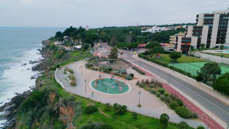 aerial cozy hotel sea shore cloudy day. place for relax vacation with ocean view