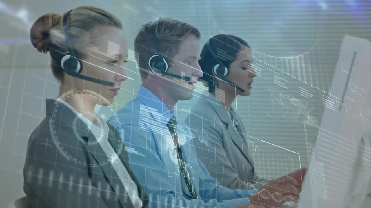 Animation of digital interface over business people using phone headsets