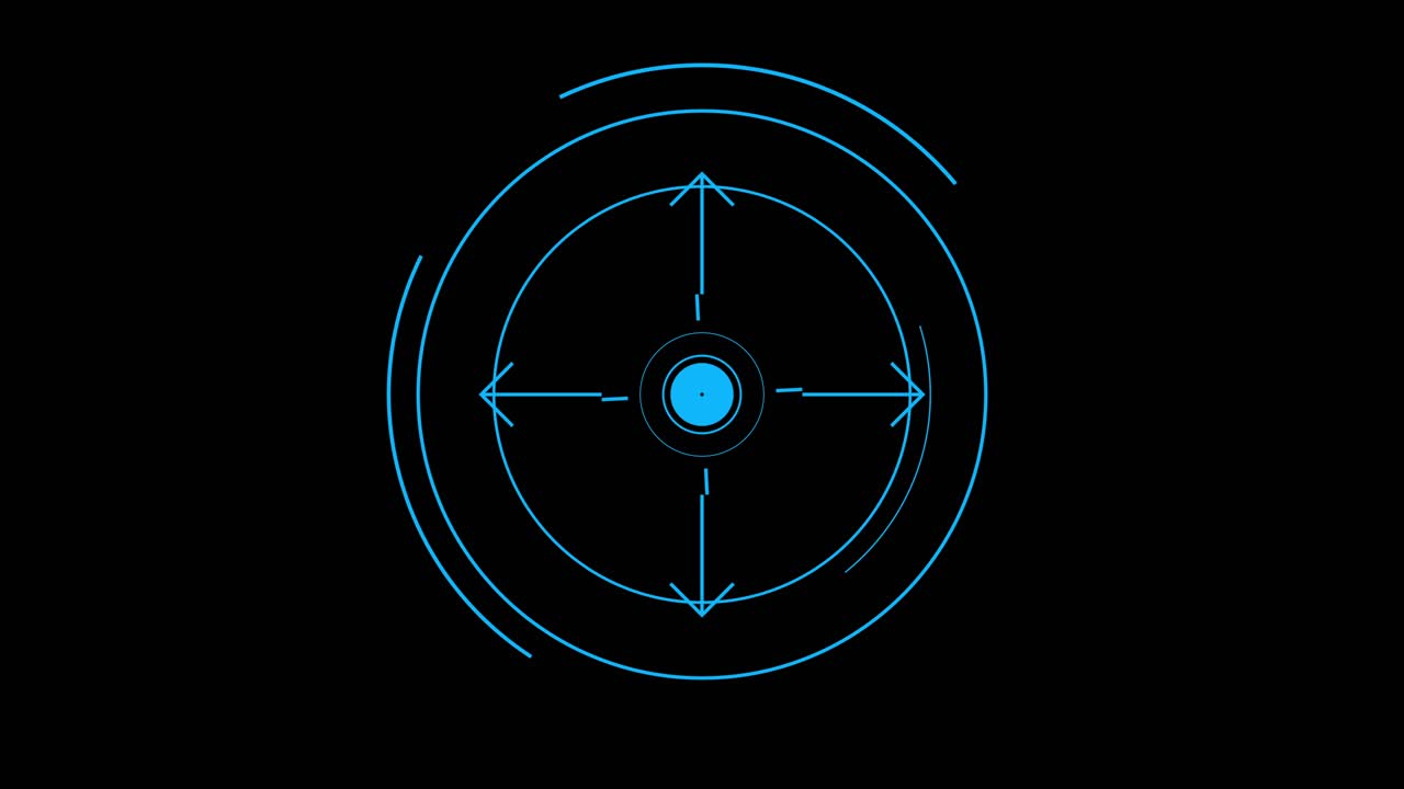 Animated heads-up display element with blue circles, rotating arcs, and compass arrows. Seamless loop for navigation, technology, or sci-fi interface. Isolated on black background for overlay