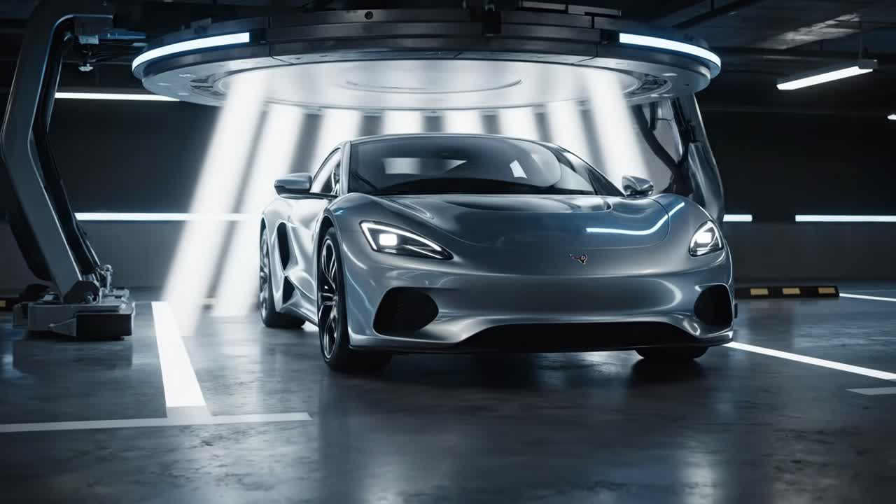 Silver Electric Car in a Modern Parking Garage