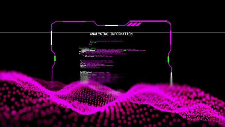 Animation of interface analysing information over pink network wave on black background