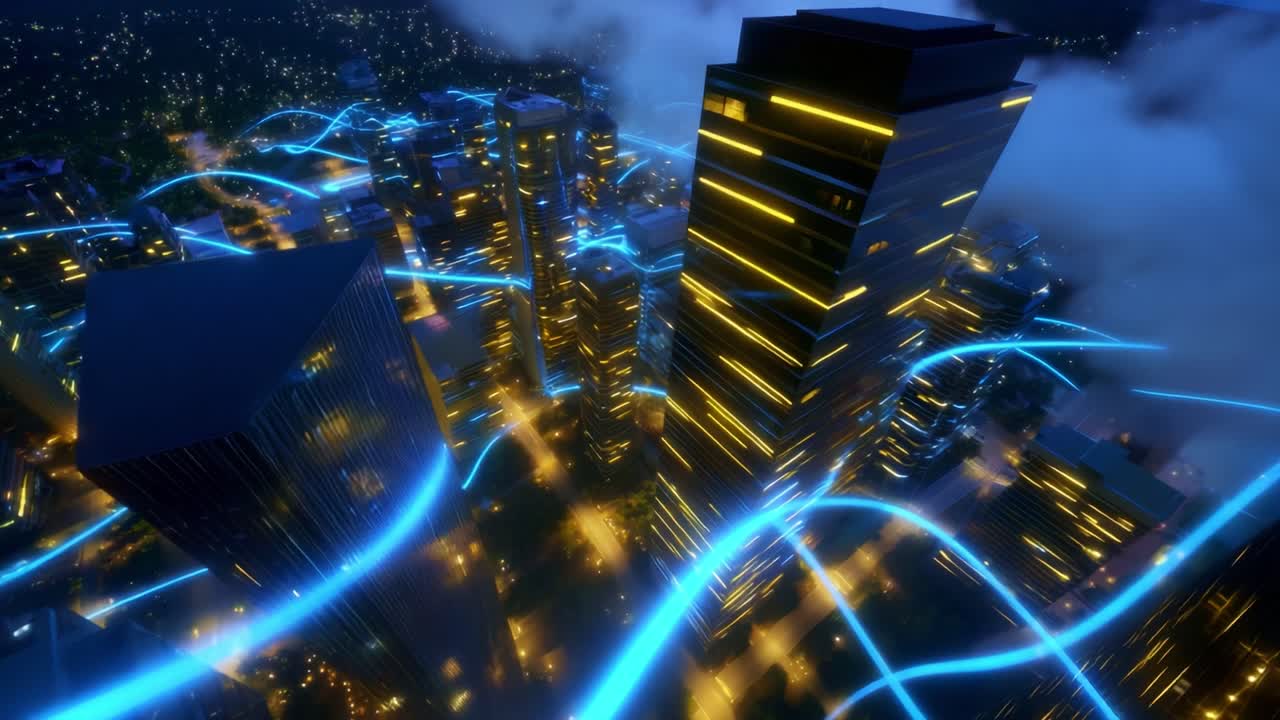 A Stunning Aerial View of a Futuristic Cityscape Illuminated by Vibrant Blue Lights at Night, Showcasing a Symphony of Modern Architecture and Urban Energy in a Dazzling Nightscape