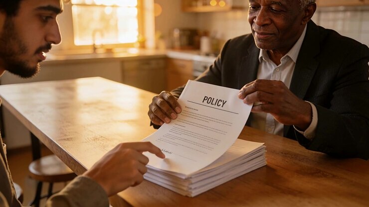 Showing POLICY starting suited agent handing at kitchen while client pointing to signing