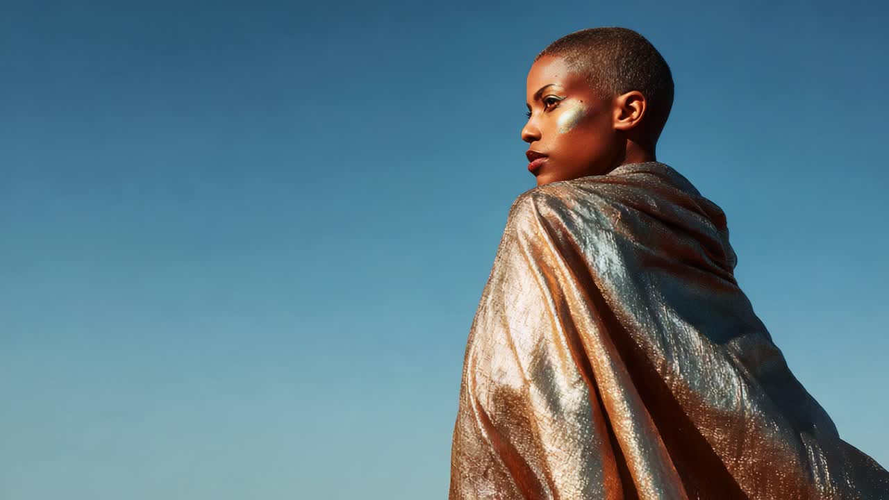 A captivating portrait of a striking individual draped in a shimmering golden cloak, poised against a clear blue sky, highlighting beauty, strength, and individuality in an artistic manner