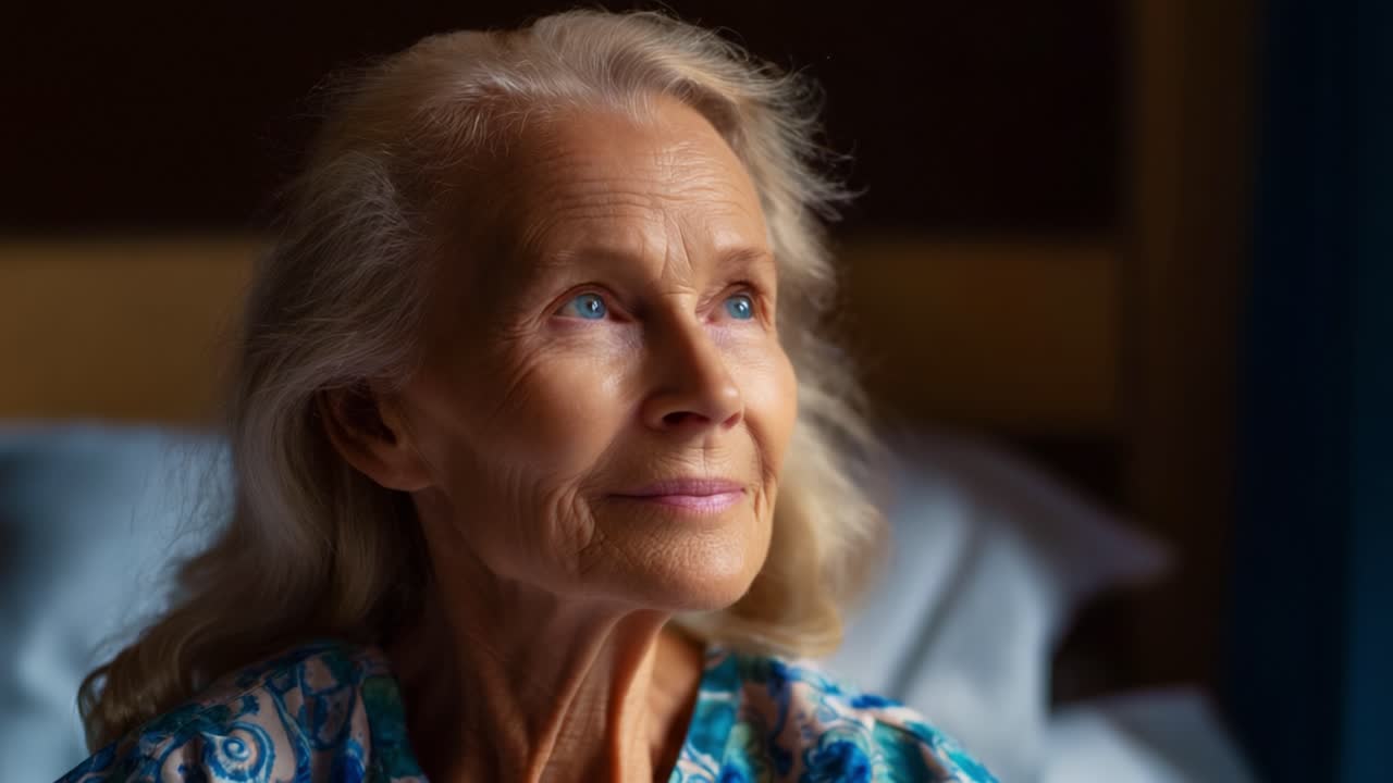 Aging Gracefully: An Intimate Portrait of a Senior Woman's Serene Expression, Reflecting Hope and Wisdom in a Calm Indoor Setting with Soft Light