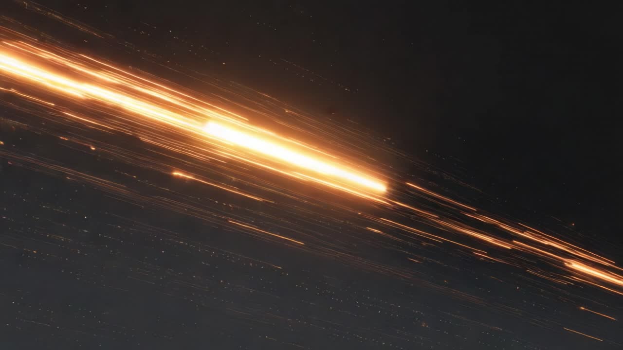 Golden meteor shower with glowing comets flying across the starry night sky, representing a powerful and mesmerizing astronomical event with bright streaks of light moving at high speed