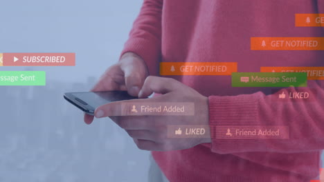 Animation-Von-Social-Media-Symbolen,-Die-Vor-Der-Körpermitte-Eines-Mannes-Schweben,-Der-Ein-Smartphone-Benutzt