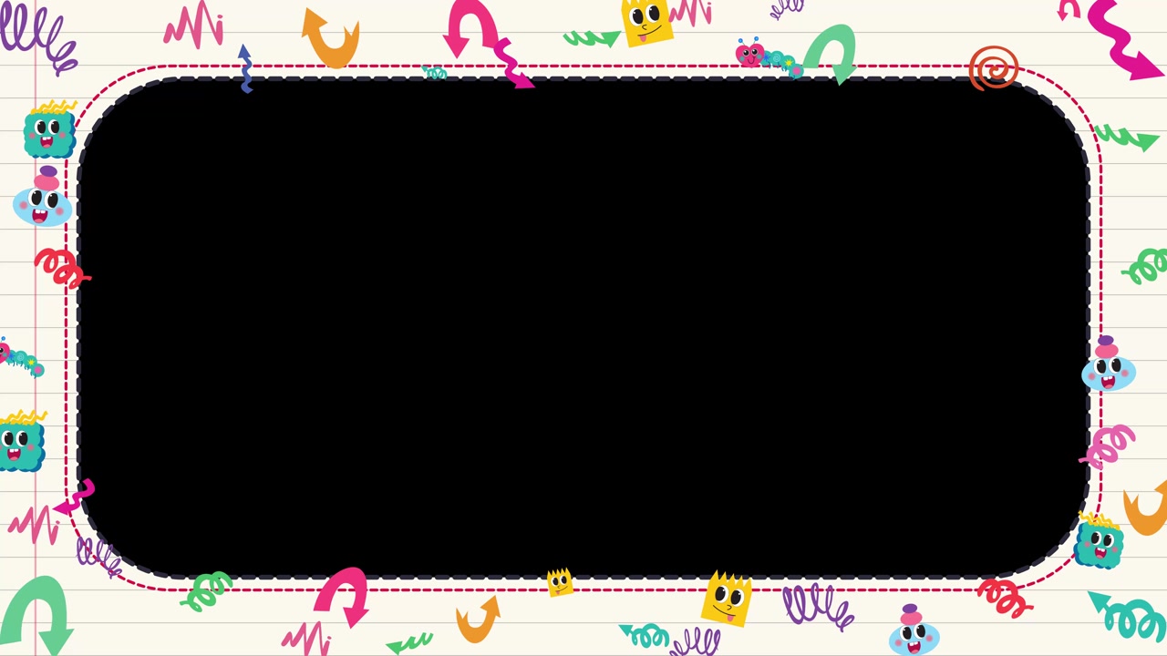 Animated colorful notebook doodles and cute characters frame a central black copy space screen.