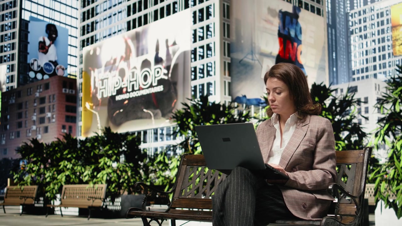 Empresária digitando no teclado do laptop, trabalhando em um banco de parque
