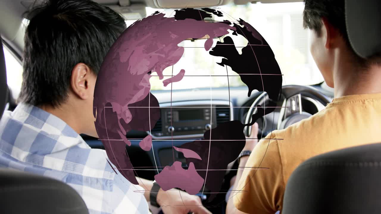 Two teenage boys adjusting console controls for map on globe overlaying in auto, driver helping